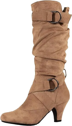 Crzidha High Heel Tall Boots for Women,Suede Almond Toe Knee High Boots with Adjustable Buckle Strap Comcise Solid Elegant Winter Fall Party Shoes Comfy Winter Fall Walking Travel Shoes