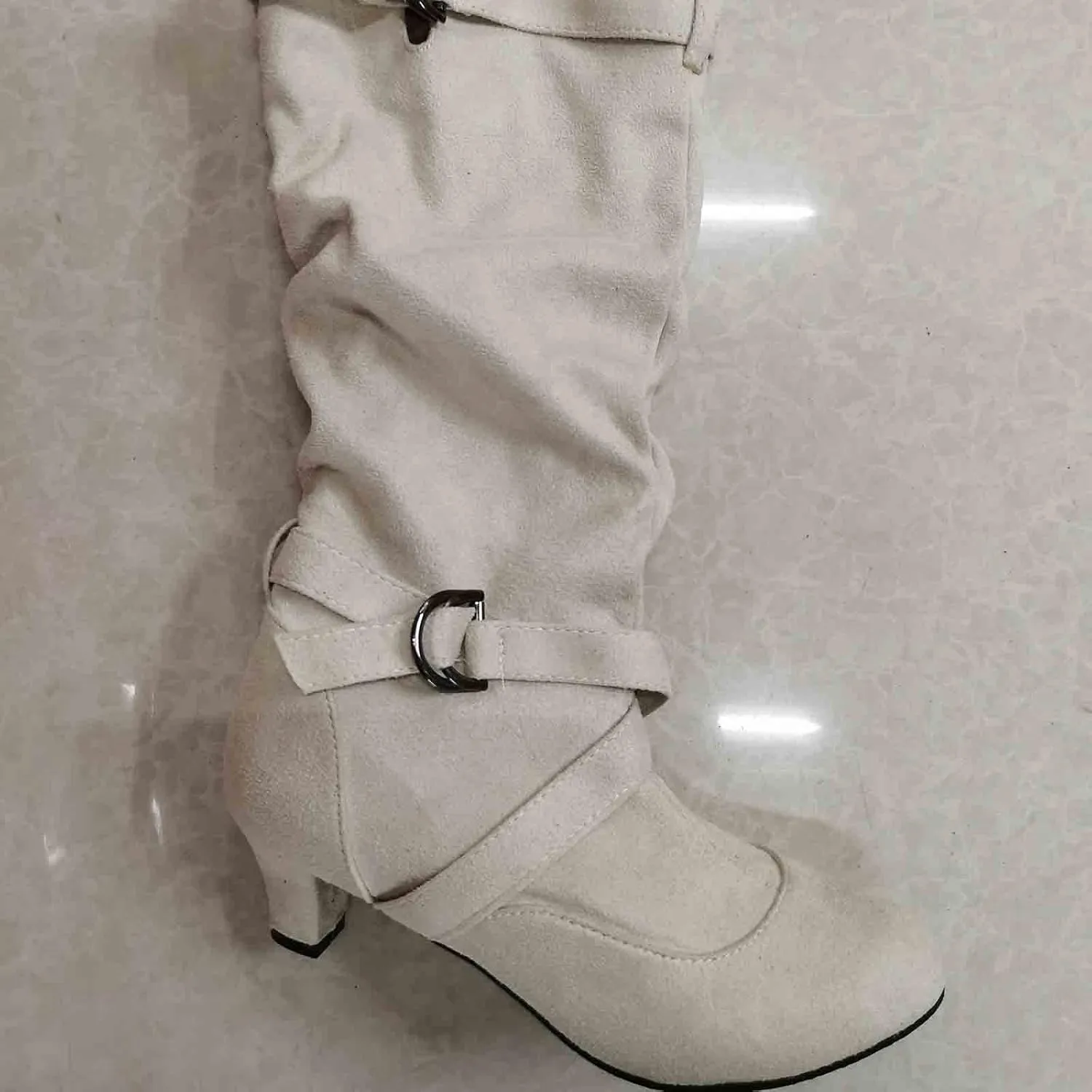 Crzidha High Heel Tall Boots for Women,Suede Almond Toe Knee High Boots with Adjustable Buckle Strap Comcise Solid Elegant Winter Fall Party Shoes Comfy Winter Fall Walking Travel Shoes