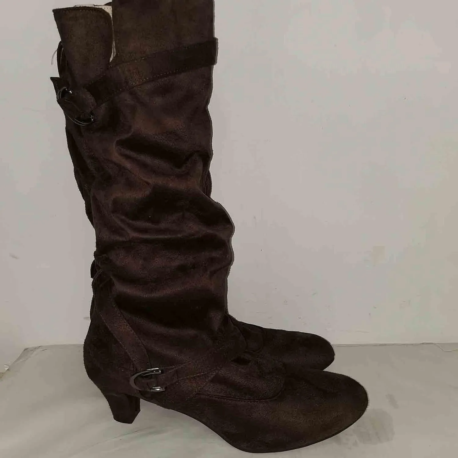 Crzidha High Heel Tall Boots for Women,Suede Almond Toe Knee High Boots with Adjustable Buckle Strap Comcise Solid Elegant Winter Fall Party Shoes Comfy Winter Fall Walking Travel Shoes