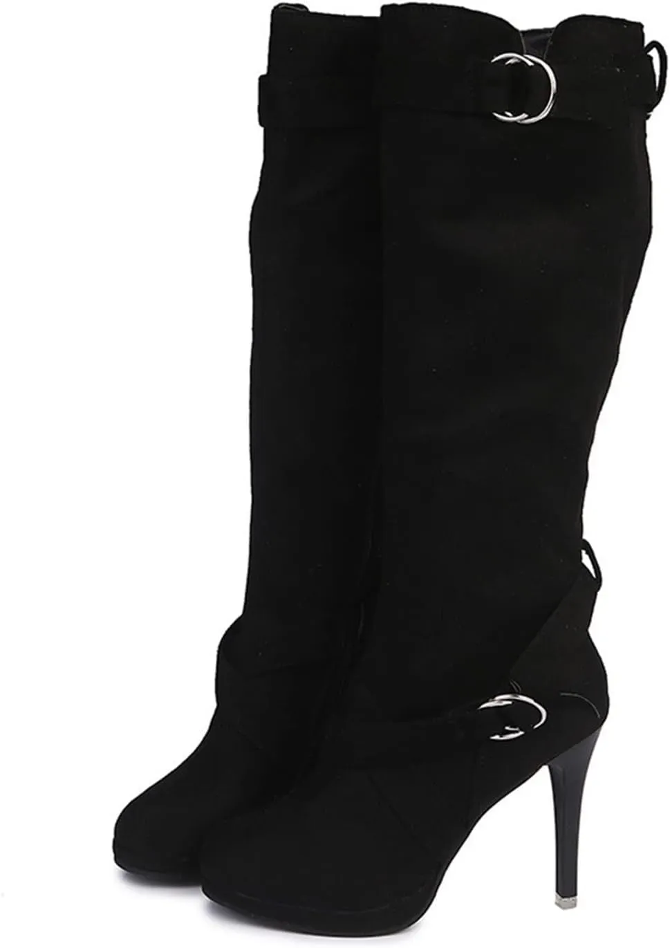 Crzidha High Heel Tall Boots for Women,Suede Almond Toe Knee High Boots with Adjustable Buckle Strap Comcise Solid Elegant Winter Fall Party Shoes Comfy Winter Fall Walking Travel Shoes