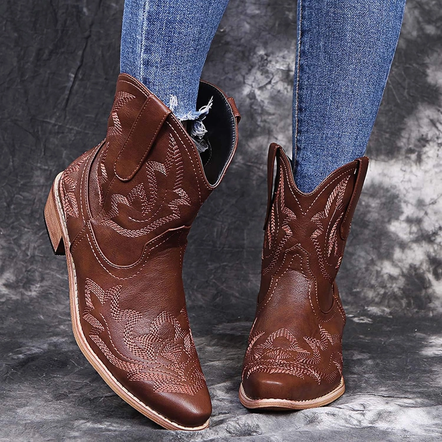 Crzidha Cowboy Boots Women,Solid Suede Pull On Tabs Ankle Boots Almond Toe Chunky Mid Heel Booties Classic Western Country Cowgirl Boots for Women Snow Winter Fall Party Shoes