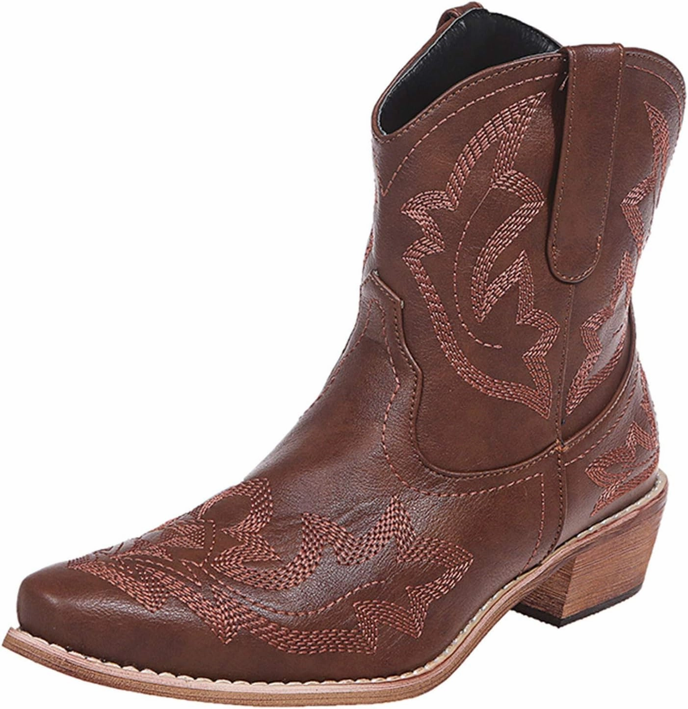 Crzidha Cowboy Boots Women,Solid Suede Pull On Tabs Ankle Boots Almond Toe Chunky Mid Heel Booties Classic Western Country Cowgirl Boots for Women Snow Winter Fall Party Shoes