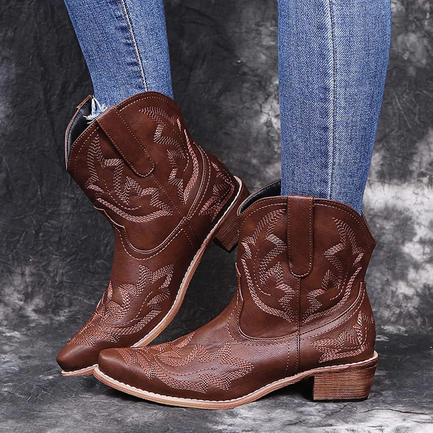 Crzidha Cowboy Boots Women,Solid Suede Pull On Tabs Ankle Boots Almond Toe Chunky Mid Heel Booties Classic Western Country Cowgirl Boots for Women Snow Winter Fall Party Shoes