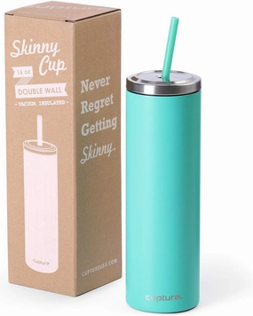 Cupture Stainless Steel Skinny Insulated Tumbler Cup with Lid and Reusable Straw - 16 oz (Bright Teal)