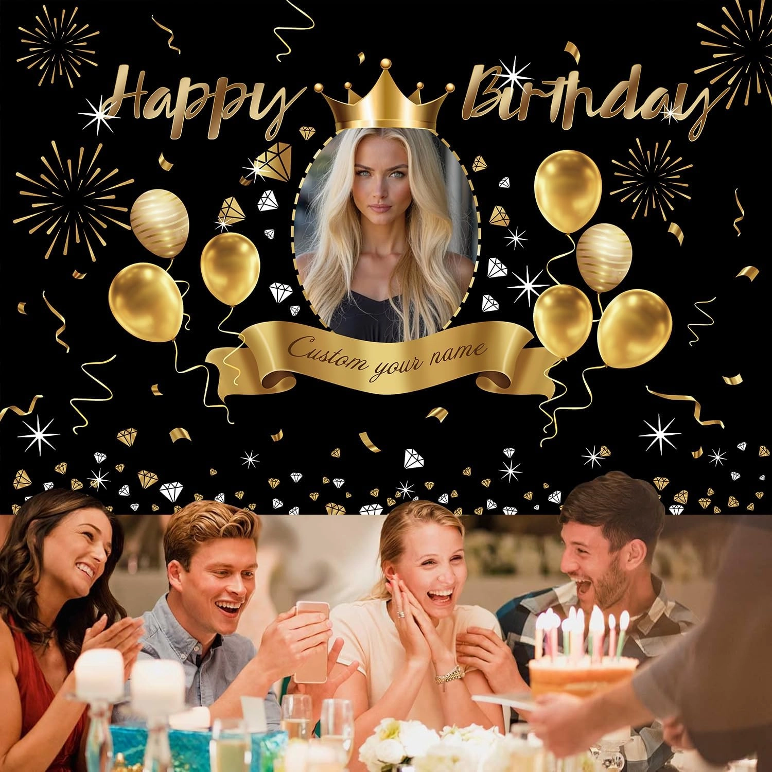 Custom Black Gold Crown Happy Birthday Banner Backdrop Personalized Happy Birthday Golden Balloon Diamond Backgroud Party Indoor Outdoor Car Decoration Supplies for Man Women (6x9ft)