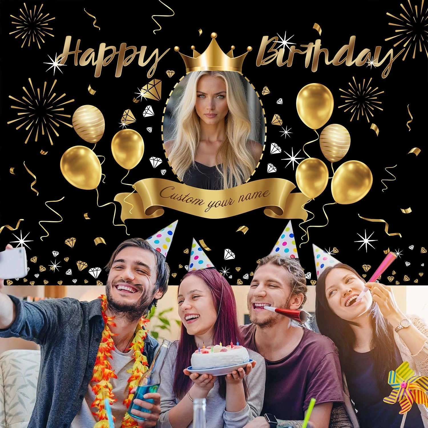 Custom Black Gold Crown Happy Birthday Banner Backdrop Personalized Happy Birthday Golden Balloon Diamond Backgroud Party Indoor Outdoor Car Decoration Supplies for Man Women (6x9ft)