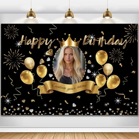 Custom Black Gold Crown Happy Birthday Banner Backdrop Personalized Happy Birthday Golden Balloon Diamond Backgroud Party Indoor Outdoor Car Decoration Supplies for Man Women (6x9ft)