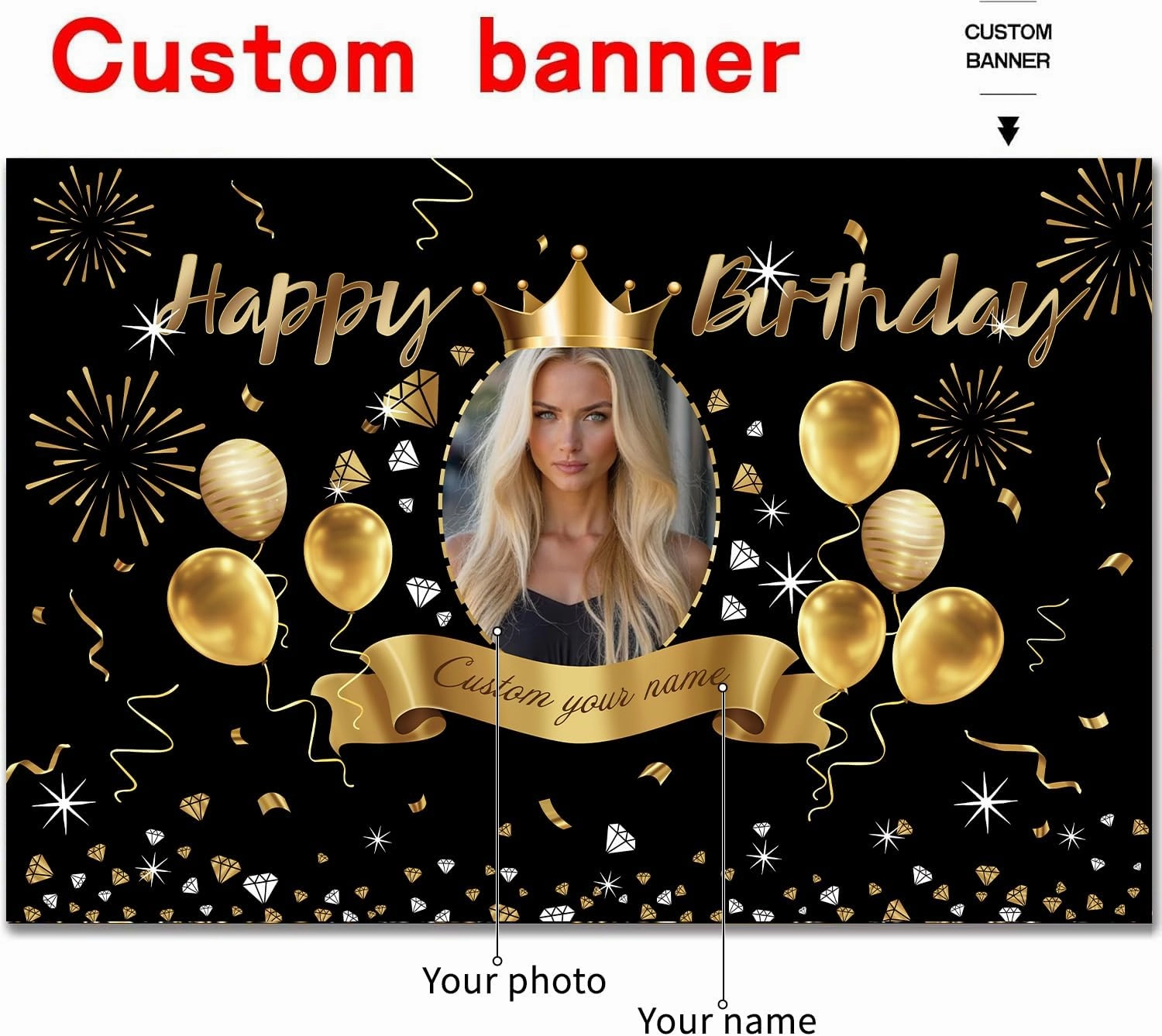 Custom Black Gold Crown Happy Birthday Banner Backdrop Personalized Happy Birthday Golden Balloon Diamond Backgroud Party Indoor Outdoor Car Decoration Supplies for Man Women (6x9ft)