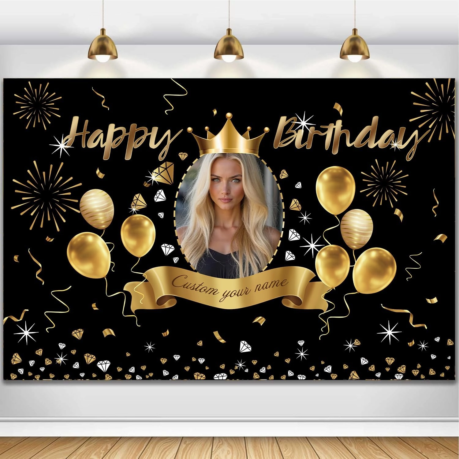 Custom Black Gold Crown Happy Birthday Banner Backdrop Personalized Happy Birthday Golden Balloon Diamond Backgroud Party Indoor Outdoor Car Decoration Supplies for Man Women (6x9ft)