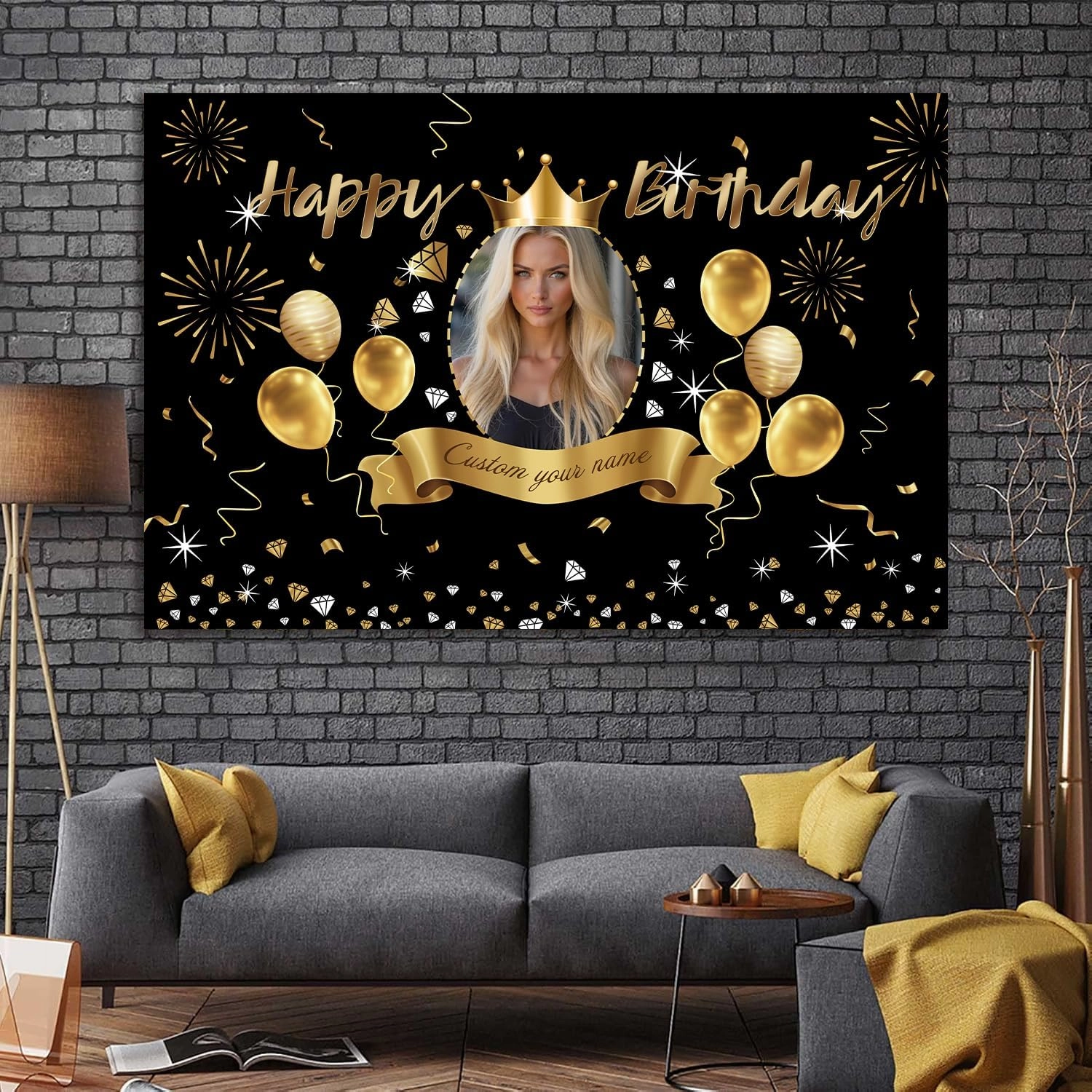 Custom Black Gold Crown Happy Birthday Banner Backdrop Personalized Happy Birthday Golden Balloon Diamond Backgroud Party Indoor Outdoor Car Decoration Supplies for Man Women (6x9ft)