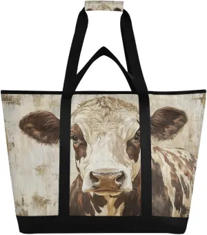Cute Cow Reusable Insulated Lunchbox Cooler Bag, Leakproof Kitchen Grocery Bag Collapsible Portable Cooler Tote Bag for Picnic, Camping, Office, Travel