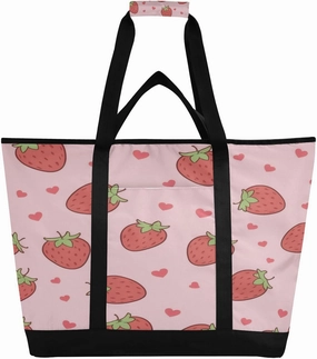 Cute Pink Strawberry Reusable Insulated Lunchbox Cooler Bag, Leakproof Kitchen Grocery Bag Collapsible Portable Cooler Tote Bag for Picnic, Camping, Office, Travel