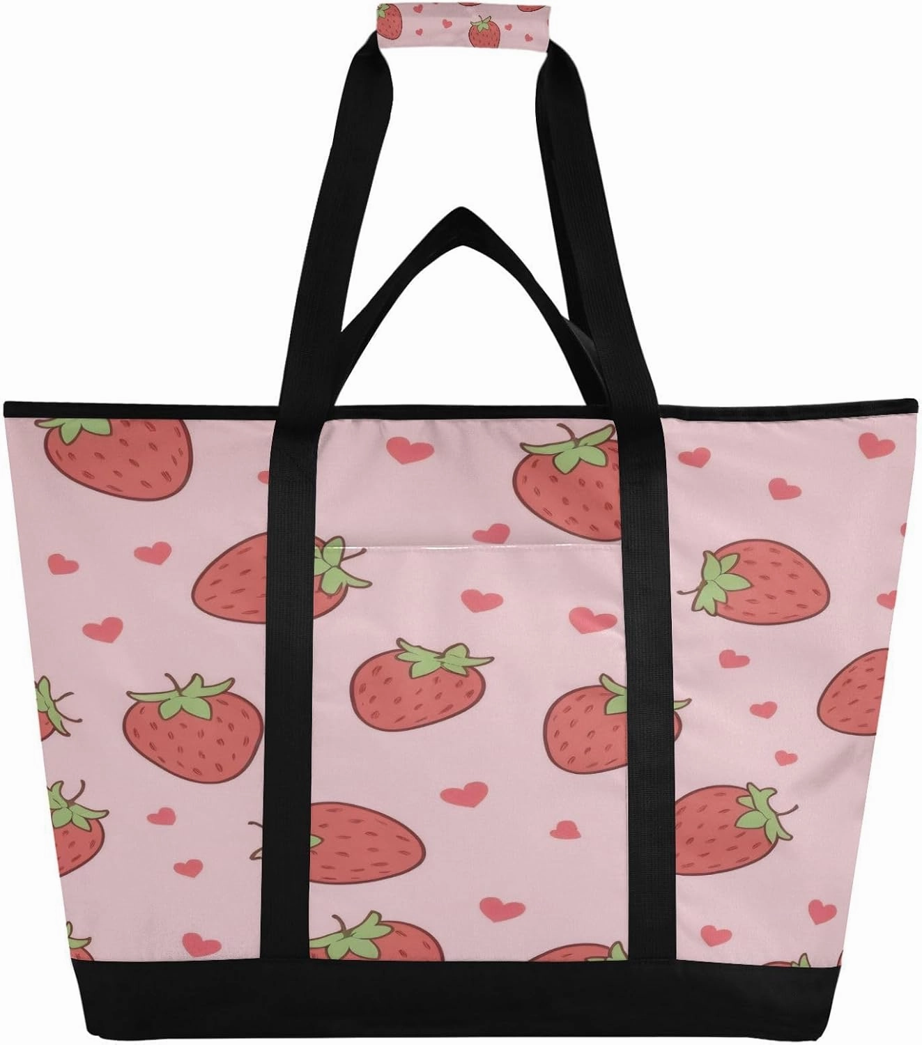 Cute Pink Strawberry Reusable Insulated Lunchbox Cooler Bag, Leakproof Kitchen Grocery Bag Collapsible Portable Cooler Tote Bag for Picnic, Camping, Office, Travel