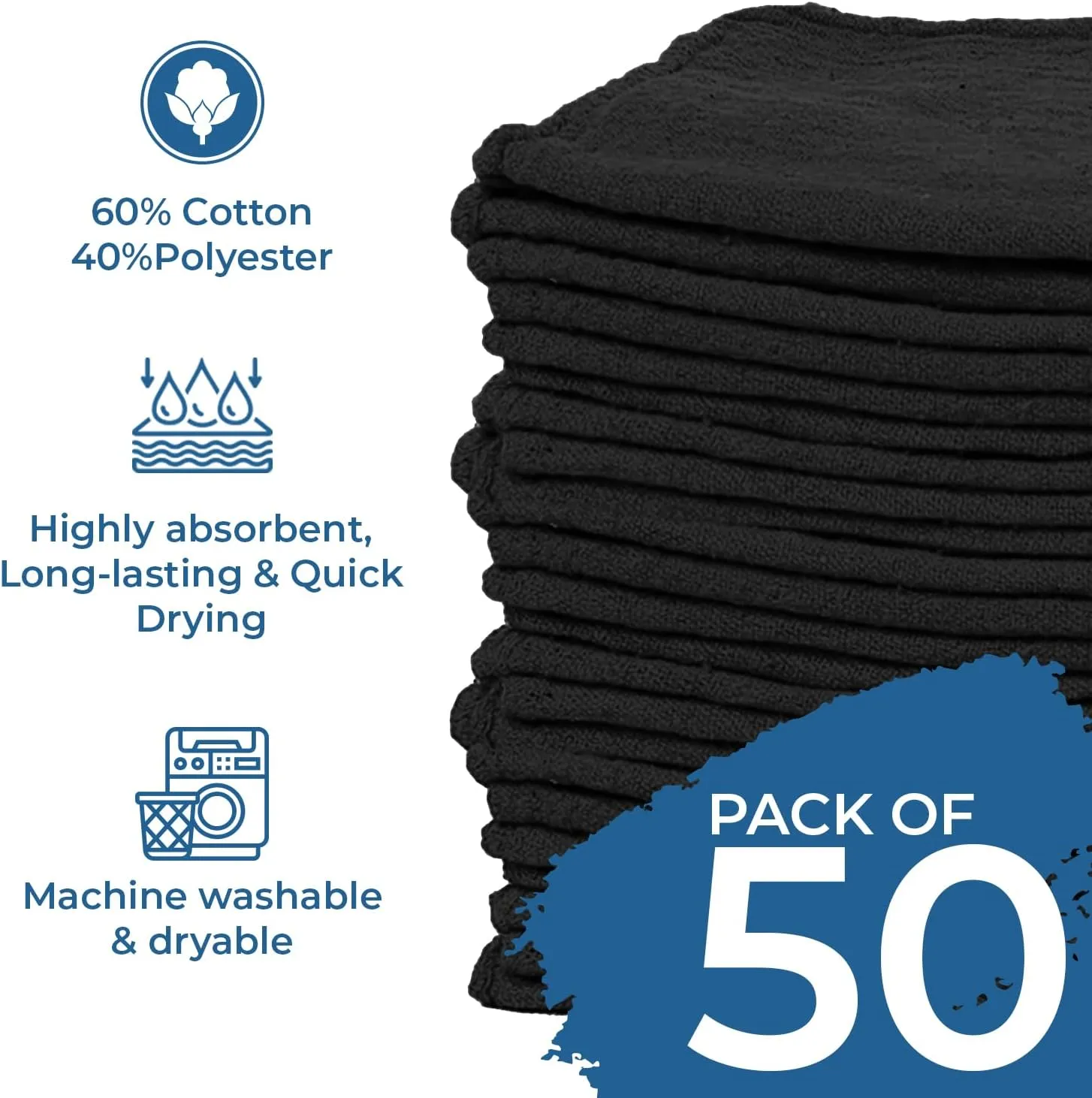 DAN RIVER Shop Towels - 50 Pack, 12x14 Inches, Black, 60% Cotton 40% Polyester, Highly Absorbent & Durable Multipurpose Rags for Auto Mechanic, Garage, Car Detailing, Cleaning, and Industrial Use