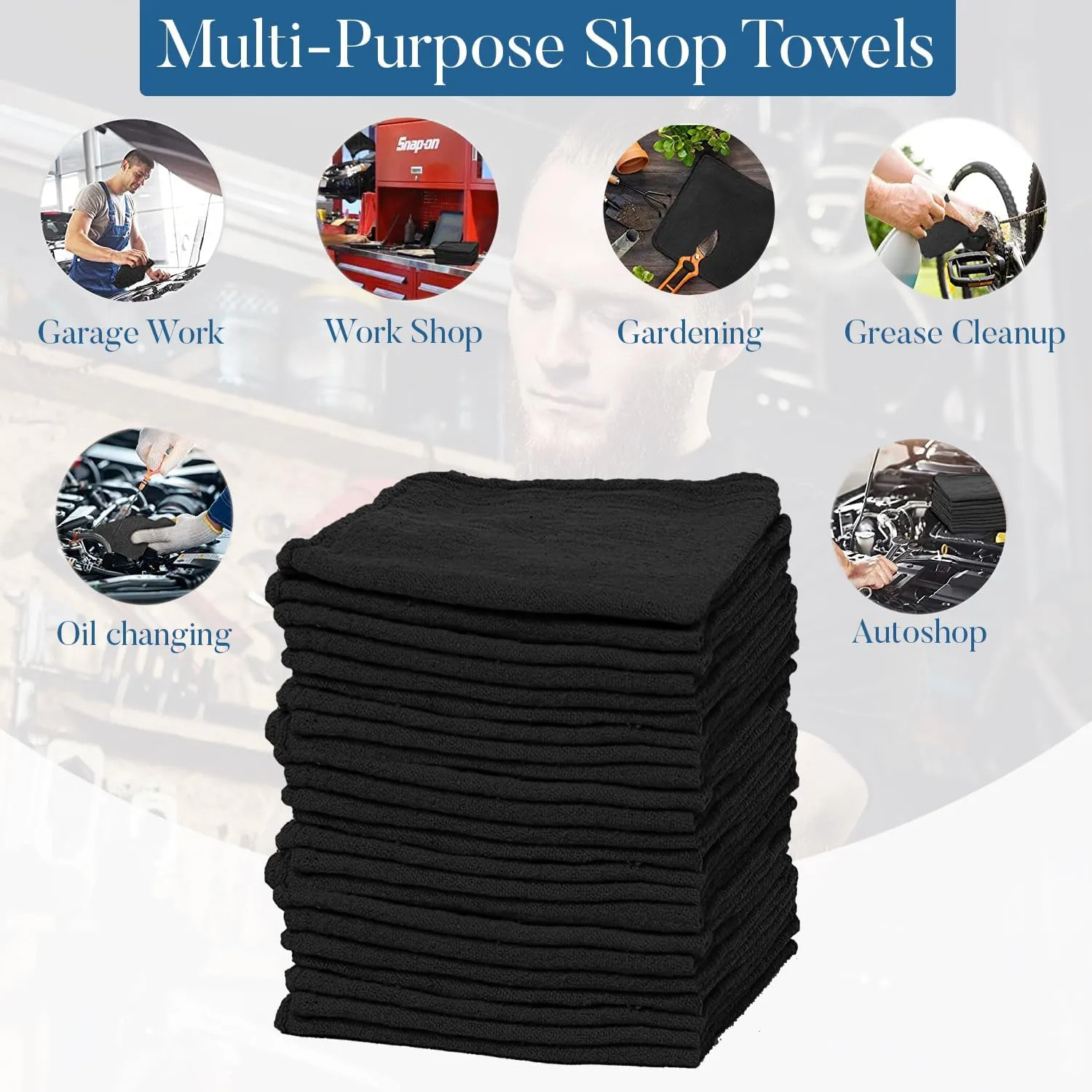 DAN RIVER Shop Towels - 50 Pack, 12x14 Inches, Black, 60% Cotton 40% Polyester, Highly Absorbent & Durable Multipurpose Rags for Auto Mechanic, Garage, Car Detailing, Cleaning, and Industrial Use