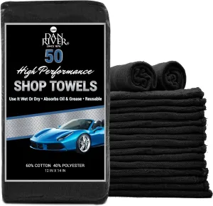 DAN RIVER Shop Towels - 50 Pack, 12x14 Inches, Black, 60% Cotton 40% Polyester, Highly Absorbent & Durable Multipurpose Rags for Auto Mechanic, Garage, Car Detailing, Cleaning, and Industrial Use