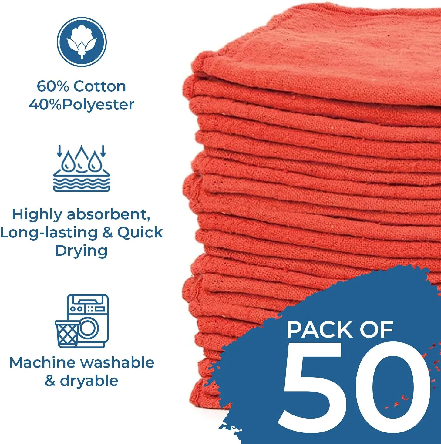 DAN RIVER Shop Towels - 50 Pack, 12x14 Inches, Red, 60% Cotton 40% Polyester, Highly Absorbent & Durable Multipurpose Rags for Auto Mechanic, Garage, Car Detailing, Cleaning, and Industrial Use