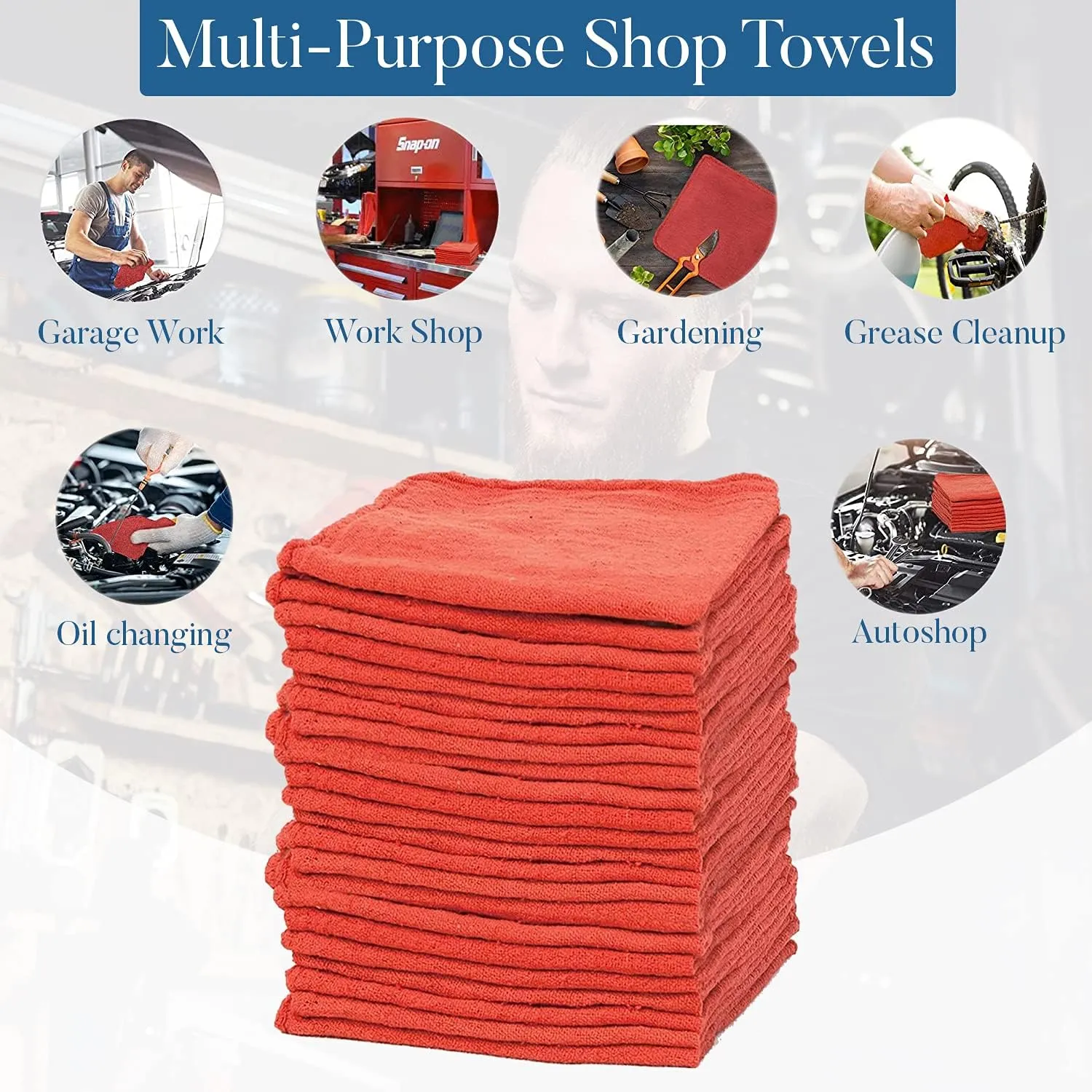 DAN RIVER Shop Towels - 50 Pack, 12x14 Inches, Red, 60% Cotton 40% Polyester, Highly Absorbent & Durable Multipurpose Rags for Auto Mechanic, Garage, Car Detailing, Cleaning, and Industrial Use