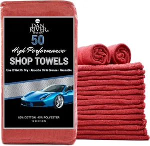 DAN RIVER Shop Towels - 50 Pack, 12x14 Inches, Red, 60% Cotton 40% Polyester, Highly Absorbent & Durable Multipurpose Rags for Auto Mechanic, Garage, Car Detailing, Cleaning, and Industrial Use