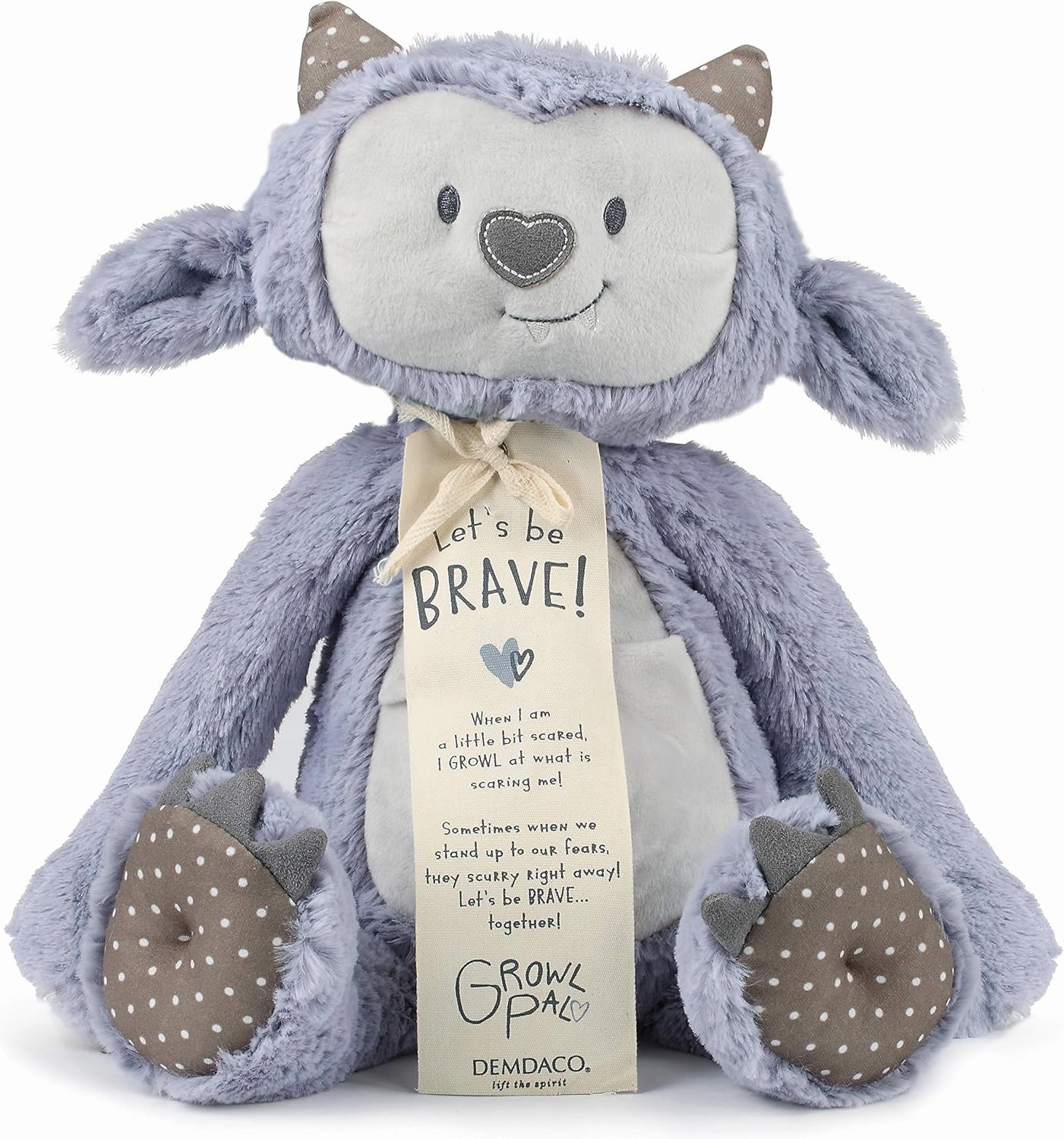 DEMDACO Growl Pal Let's Be Brave Polka Dot Purple 16 inch Plush Fabric Figure Toy
