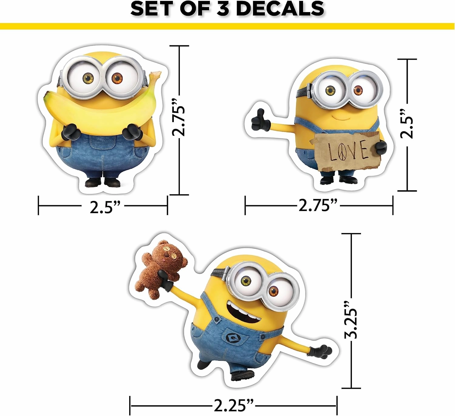 Despicable Me Minions Car Decals - Set of 9 Bob Stuart Kevin Stickers for Truck Water Bottle Bike Helmet Laptop Skateboard - Outdoor Rated Water Resistant Vinyl Decals