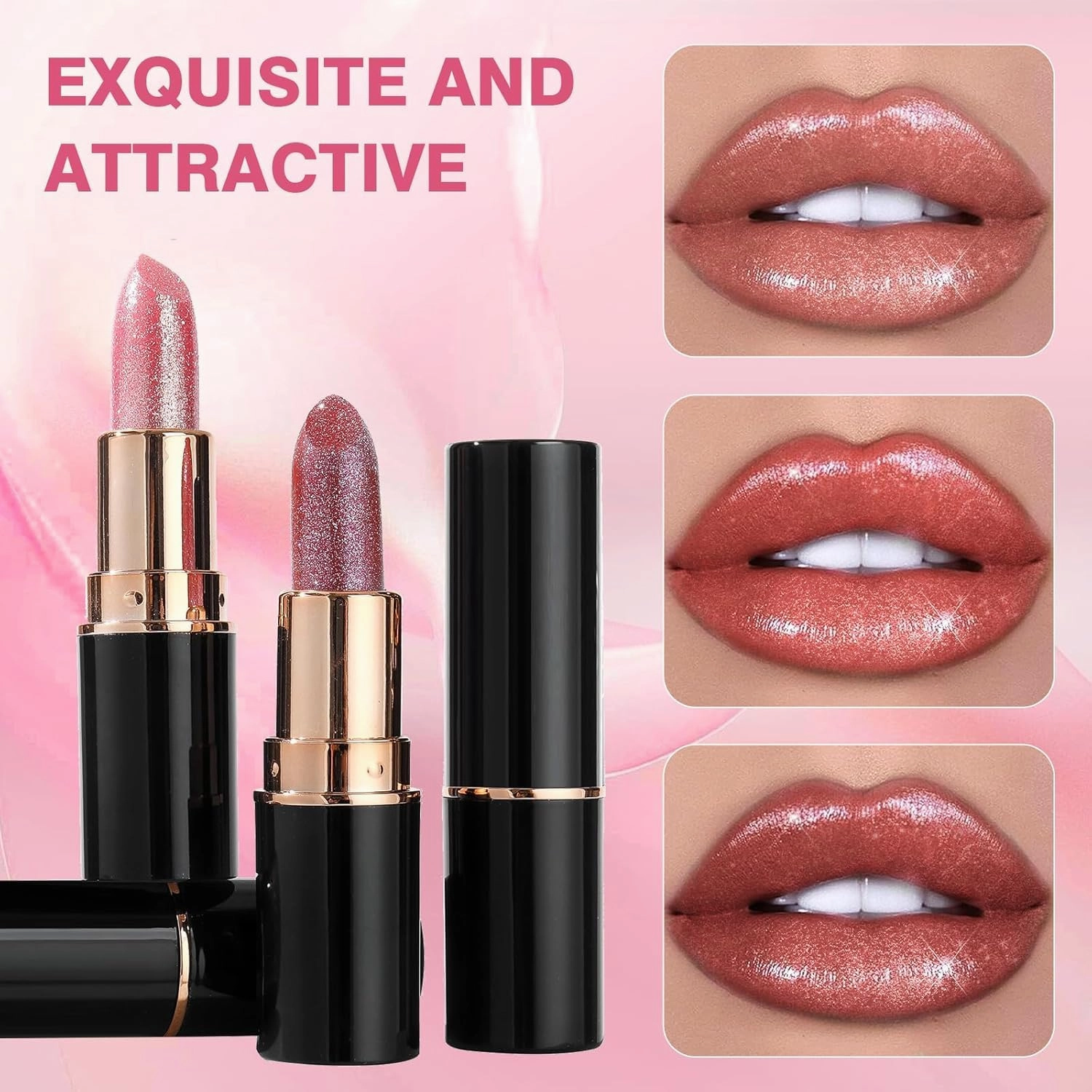 Diamond Lip Gloss Glitter Lipstick Waterproof, Hydrating Diamond Glitter Lipstick, Long Lasting Smudge Proo Shiny Matte, for Women (02 05)