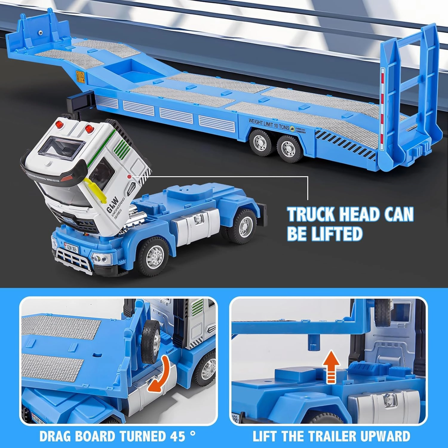 Die-cast Semi Truck Toys Set w/Semi Truck, Pickup, Racing Car, Alloy Engineering Transport Vehicles Toys w/Lights & Sounds, Model Pickup,Model Racing Car for Boys Kids