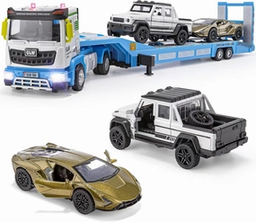 Die-cast Semi Truck Toys Set w/Semi Truck, Pickup, Racing Car, Alloy Engineering Transport Vehicles Toys w/Lights & Sounds, Model Pickup,Model Racing Car for Boys Kids