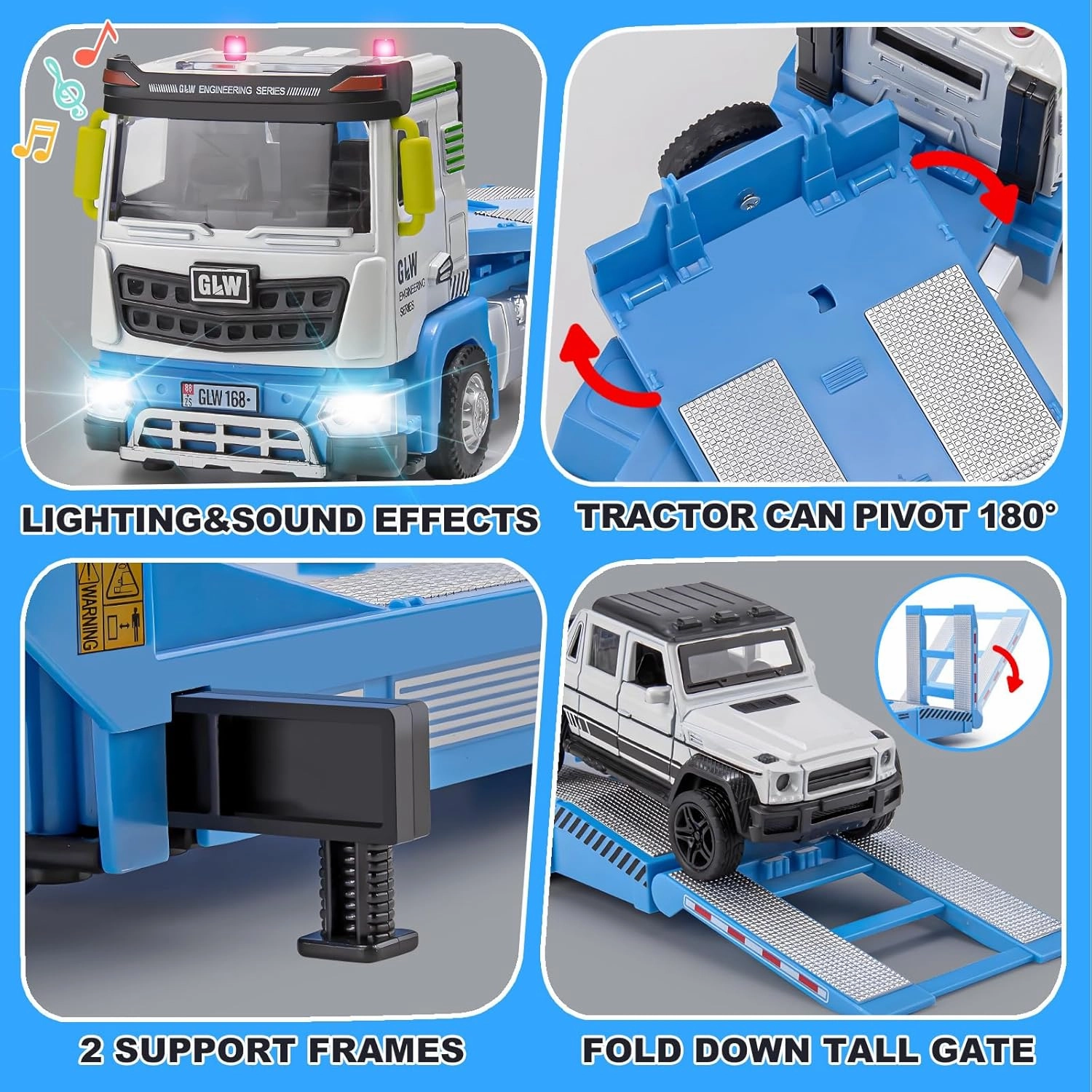 Die-cast Semi Truck Toys Set w/Semi Truck, Pickup, Racing Car, Alloy Engineering Transport Vehicles Toys w/Lights & Sounds, Model Pickup,Model Racing Car for Boys Kids
