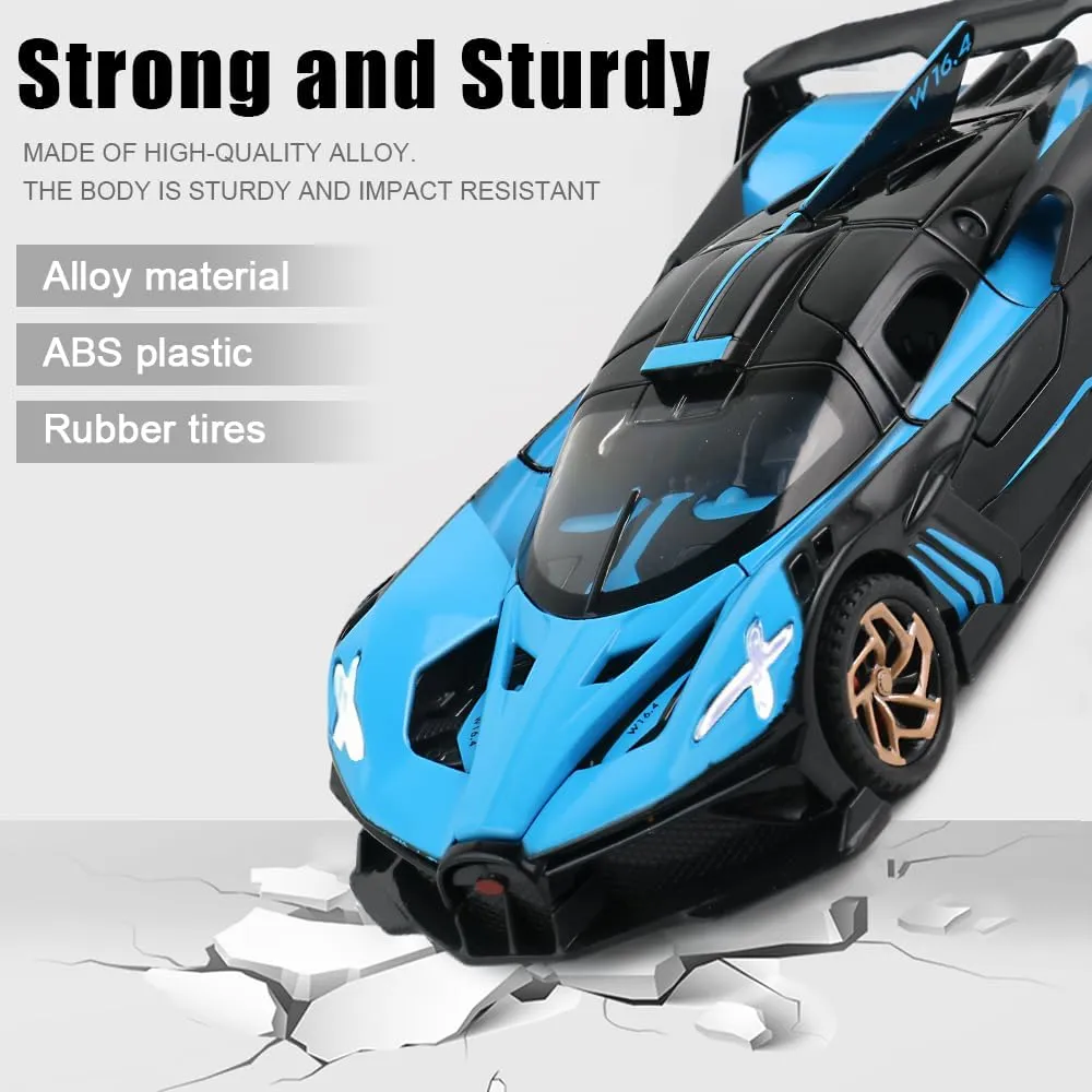 Diecast Toy Car Bugatti Bolide Sports Car Model,Zinc Alloy Simulation Casting Pull Back Vehicles,1:32 Scale Mini Electronic Supercar Toys with Lights and Music for Toddlers Kids Children Gift