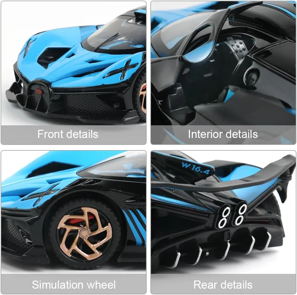 Diecast Toy Car Bugatti Bolide Sports Car Model,Zinc Alloy Simulation Casting Pull Back Vehicles,1:32 Scale Mini Electronic Supercar Toys with Lights and Music for Toddlers Kids Children Gift
