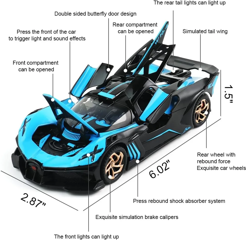 Diecast Toy Car Bugatti Bolide Sports Car Model,Zinc Alloy Simulation Casting Pull Back Vehicles,1:32 Scale Mini Electronic Supercar Toys with Lights and Music for Toddlers Kids Children Gift