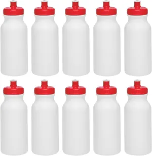 DISCOUNT PROMOS White Water Bottles with Push Cap, 10 pack, 20 oz, Reusable BPA FREE Squeezable Bottles in Bulk, White Red