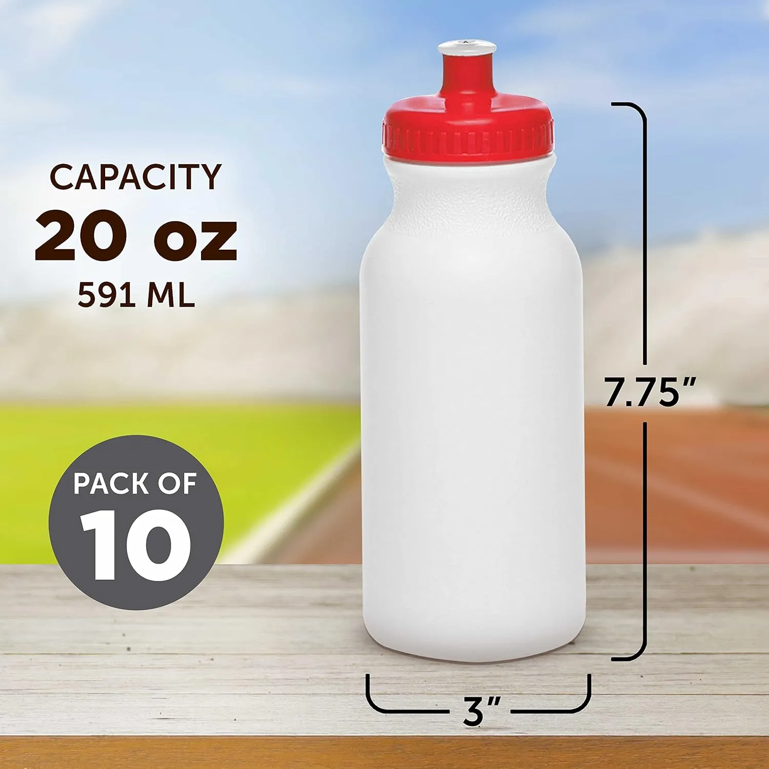 DISCOUNT PROMOS White Water Bottles with Push Cap, 10 pack, 20 oz, Reusable BPA FREE Squeezable Bottles in Bulk, White Red