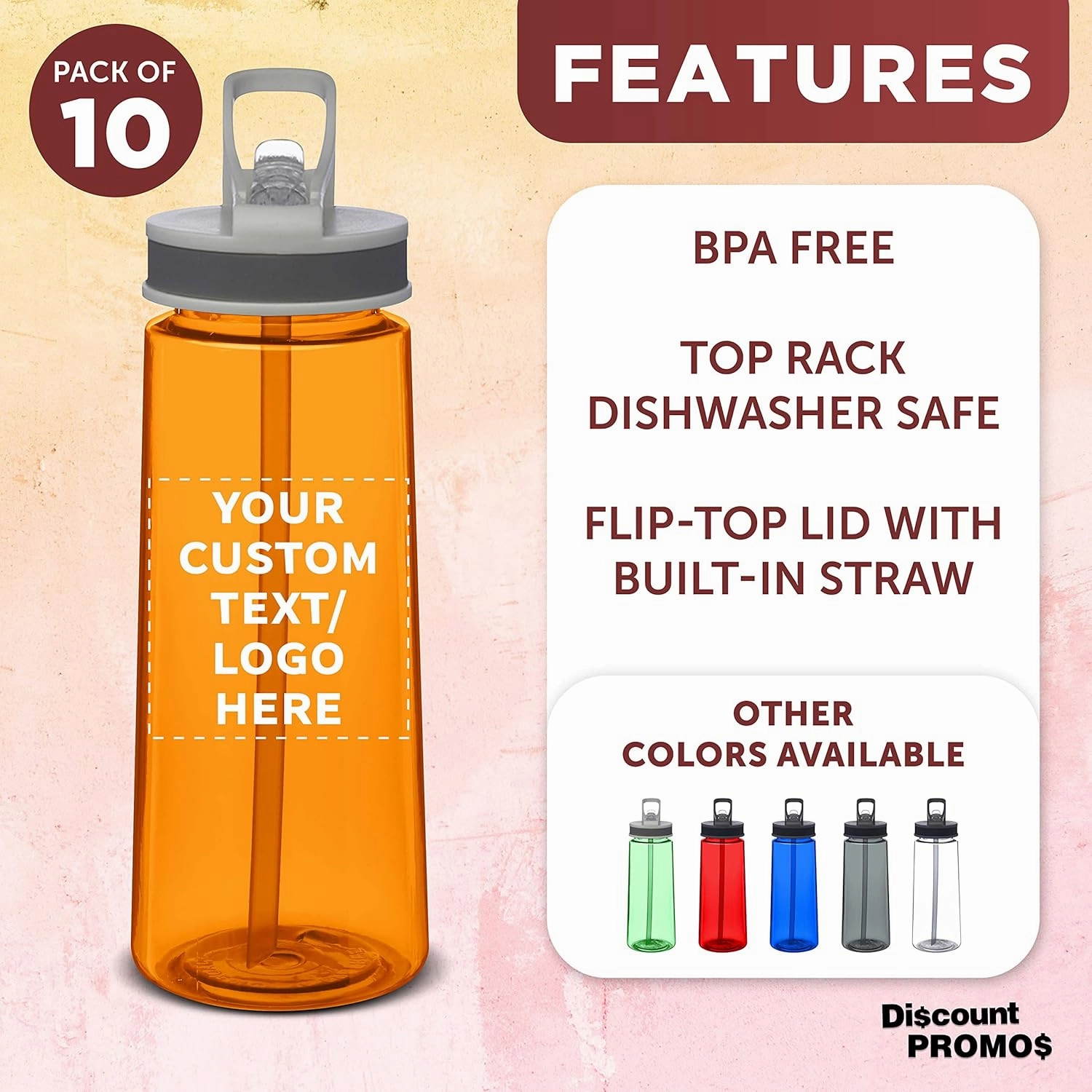 DISCOUNT PROMOS Custom Plastic Sports Bottles with Spill Proof Lids 22 oz. Set of 10, Personalized Bulk Pack - Reusable, With Straw, Perfect for Gym, Outdoor Sports, Home, Office - Orange