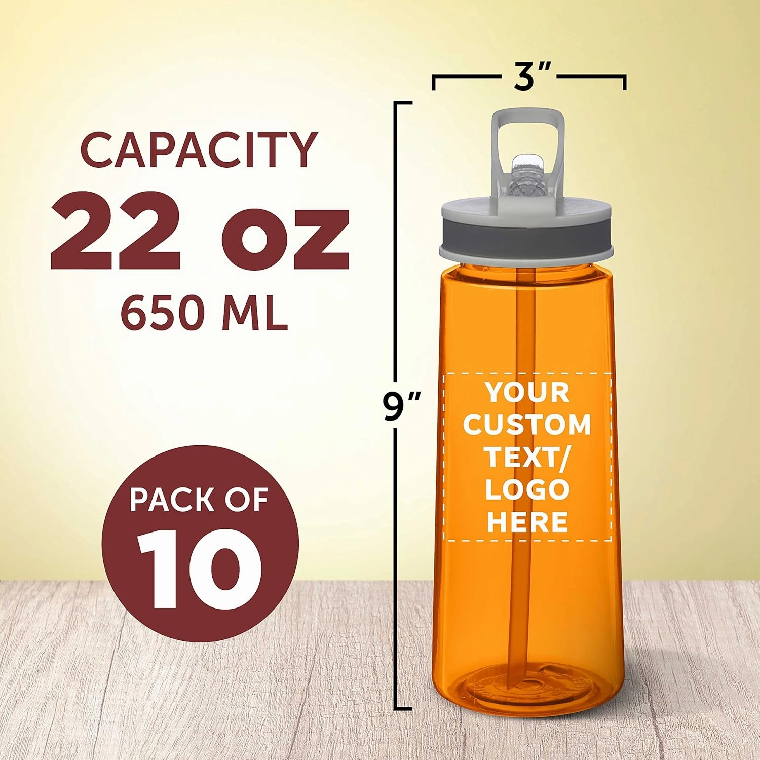 DISCOUNT PROMOS Custom Plastic Sports Bottles with Spill Proof Lids 22 oz. Set of 10, Personalized Bulk Pack - Reusable, With Straw, Perfect for Gym, Outdoor Sports, Home, Office - Orange