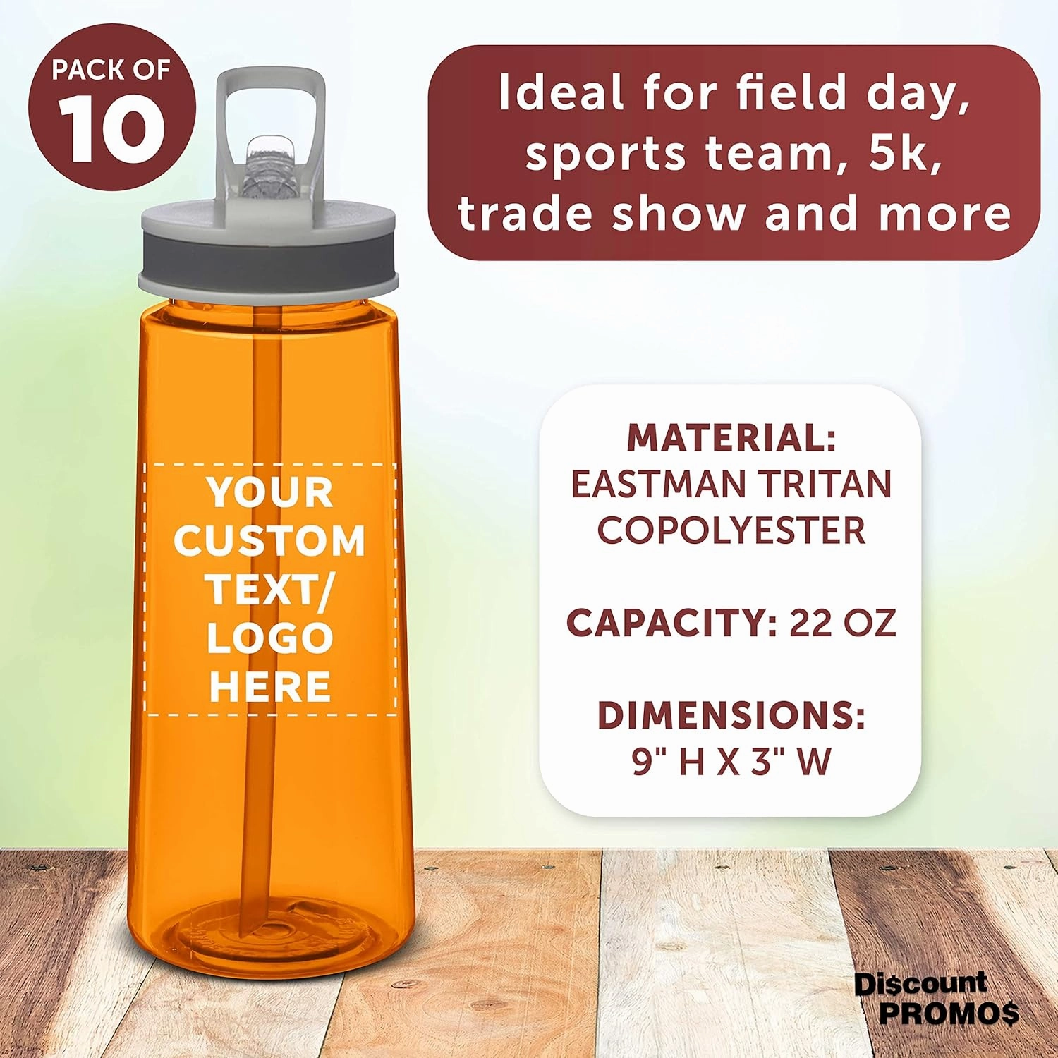 DISCOUNT PROMOS Custom Plastic Sports Bottles with Spill Proof Lids 22 oz. Set of 10, Personalized Bulk Pack - Reusable, With Straw, Perfect for Gym, Outdoor Sports, Home, Office - Orange