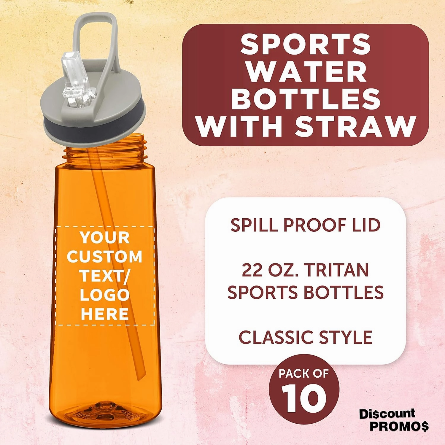 DISCOUNT PROMOS Custom Plastic Sports Bottles with Spill Proof Lids 22 oz. Set of 10, Personalized Bulk Pack - Reusable, With Straw, Perfect for Gym, Outdoor Sports, Home, Office - Orange
