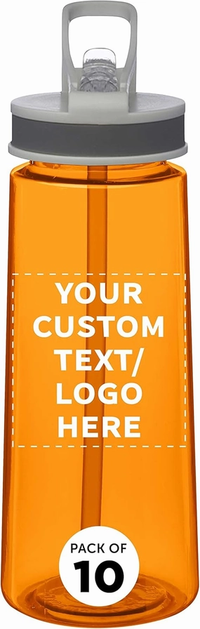 DISCOUNT PROMOS Custom Plastic Sports Bottles with Spill Proof Lids 22 oz. Set of 10, Personalized Bulk Pack - Reusable, With Straw, Perfect for Gym, Outdoor Sports, Home, Office - Orange