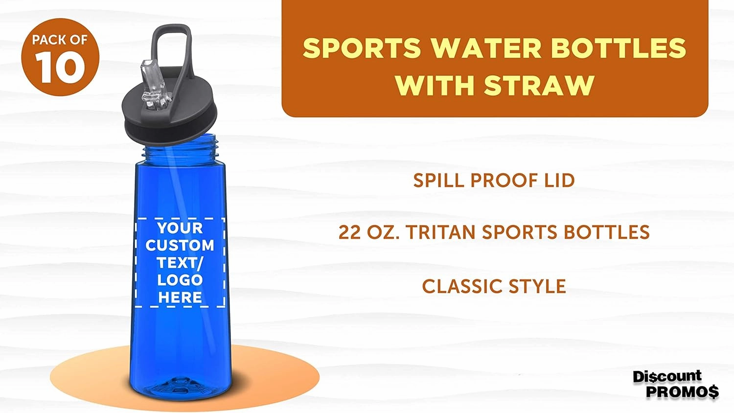 DISCOUNT PROMOS Custom Plastic Sports Bottles with Spill-Proof Lids and Straw – 22 oz. – Set of 10 – Personalized Bulk Gift for Dad – Reusable for Gym, Home, Office – Blue