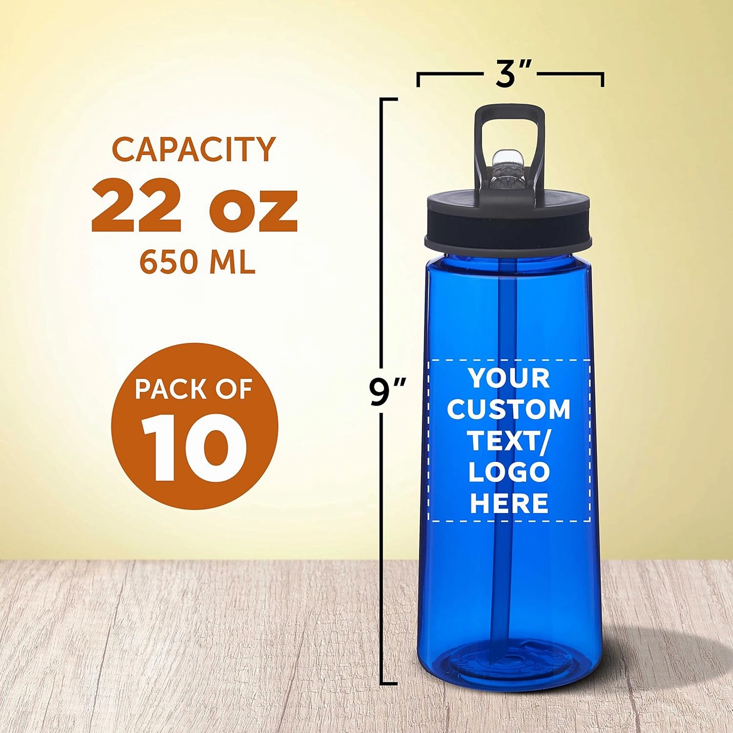 DISCOUNT PROMOS Custom Plastic Sports Bottles with Spill-Proof Lids and Straw – 22 oz. – Set of 10 – Personalized Bulk Gift for Dad – Reusable for Gym, Home, Office – Blue
