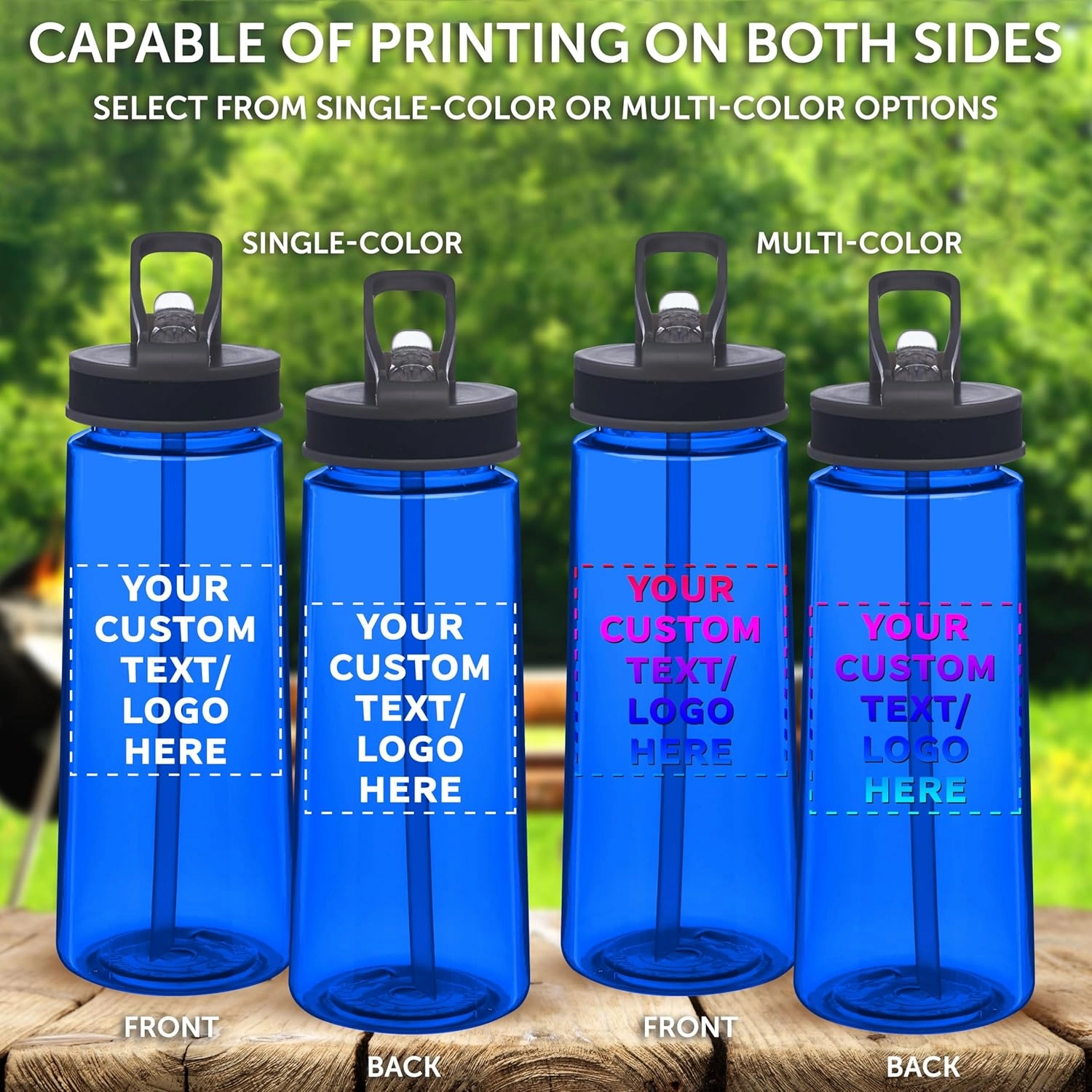 DISCOUNT PROMOS Custom Plastic Sports Bottles with Spill-Proof Lids and Straw – 22 oz. – Set of 10 – Personalized Bulk Gift for Dad – Reusable for Gym, Home, Office – Blue