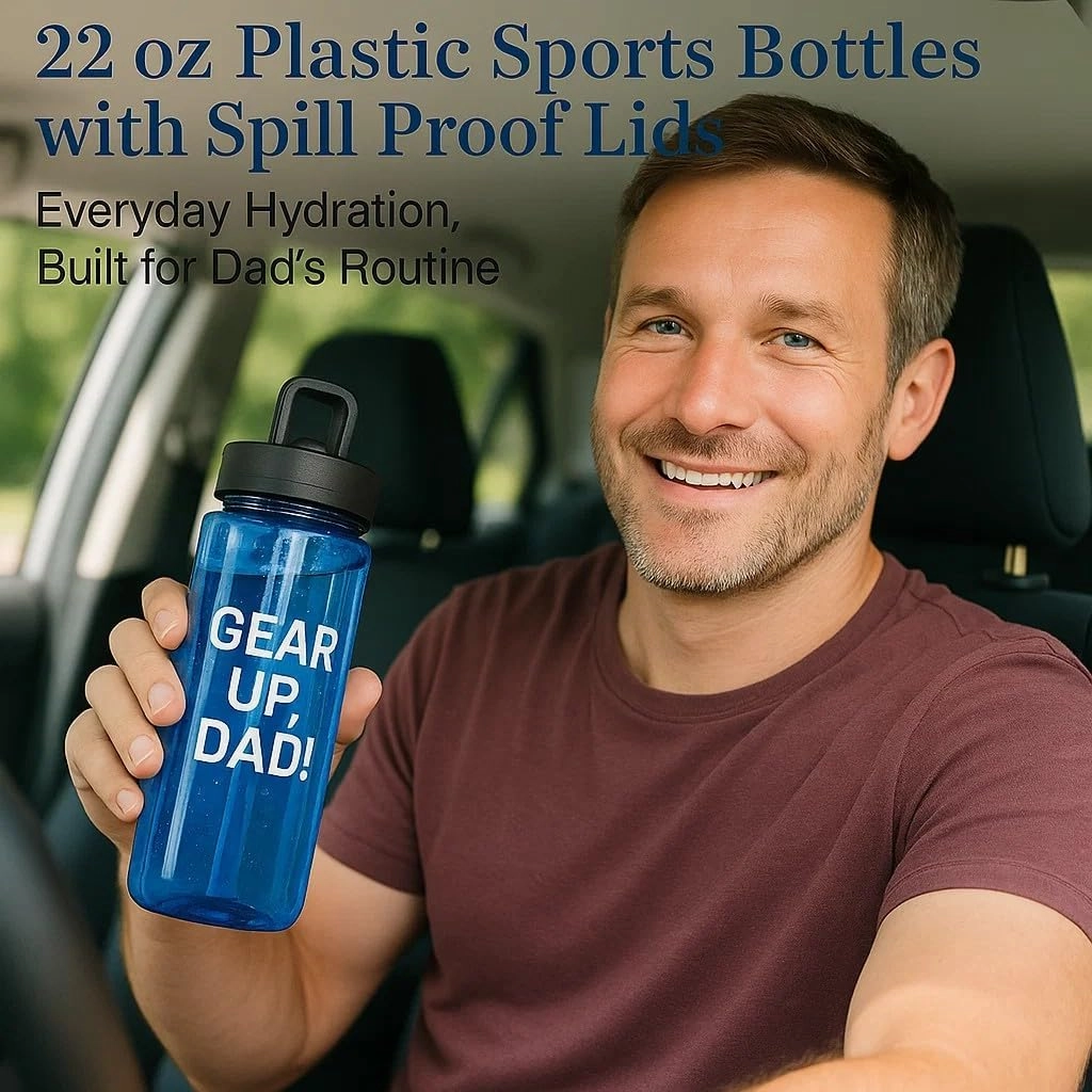 DISCOUNT PROMOS Custom Plastic Sports Bottles with Spill-Proof Lids and Straw – 22 oz. – Set of 10 – Personalized Bulk Gift for Dad – Reusable for Gym, Home, Office – Blue