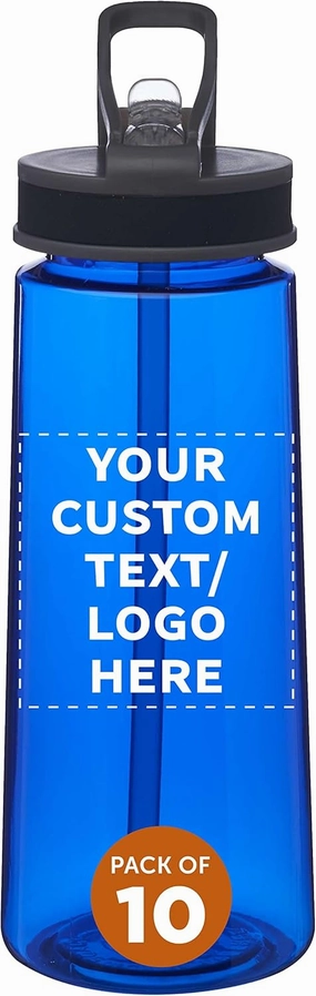 DISCOUNT PROMOS Custom Plastic Sports Bottles with Spill-Proof Lids and Straw – 22 oz. – Set of 10 – Personalized Bulk Gift for Dad – Reusable for Gym, Home, Office – Blue