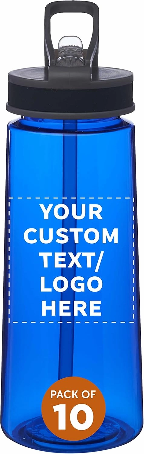 DISCOUNT PROMOS Custom Plastic Sports Bottles with Spill-Proof Lids and Straw – 22 oz. – Set of 10 – Personalized Bulk Gift for Dad – Reusable for Gym, Home, Office – Blue