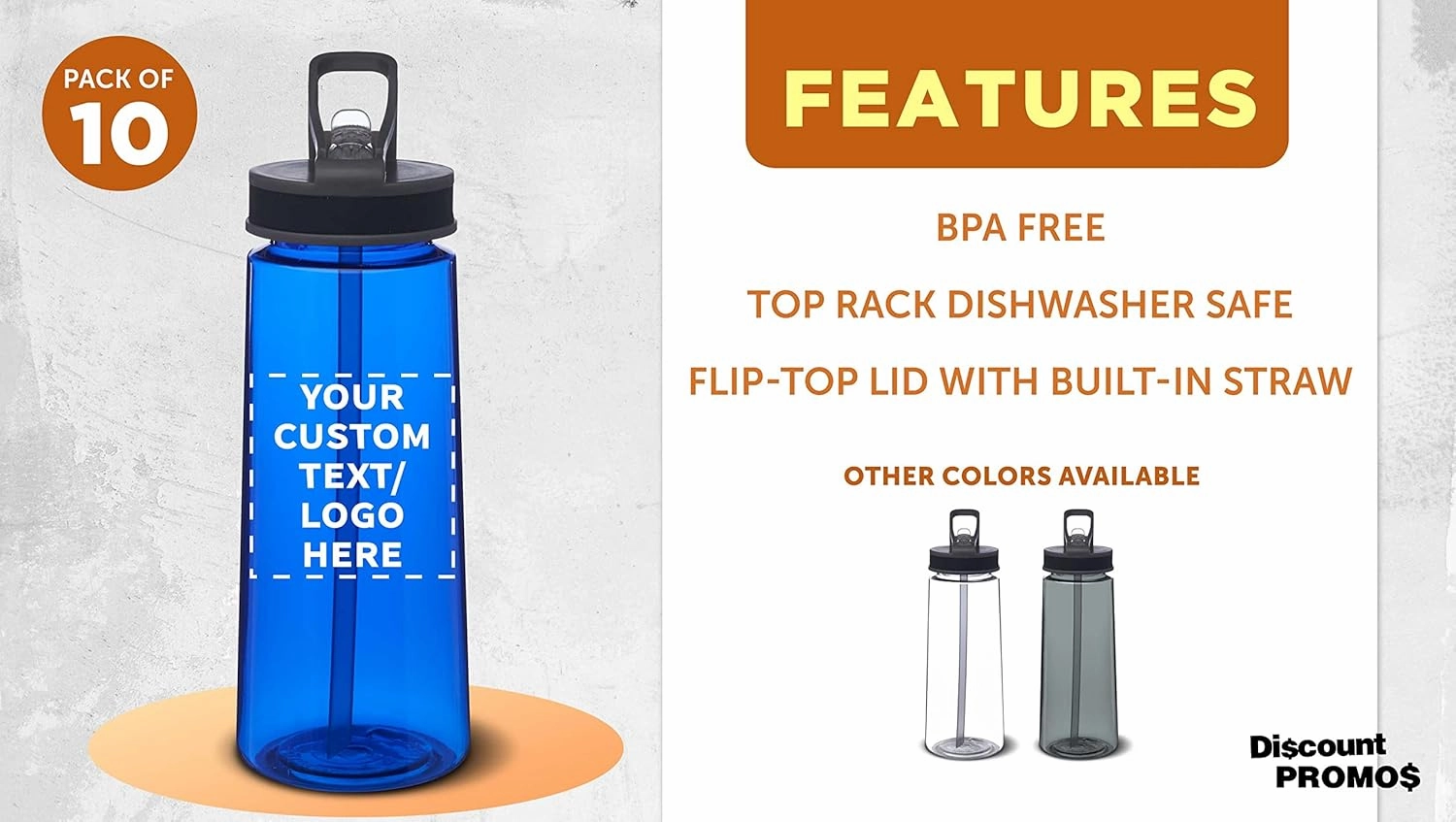 DISCOUNT PROMOS Custom Plastic Sports Bottles with Spill-Proof Lids and Straw – 22 oz. – Set of 10 – Personalized Bulk Gift for Dad – Reusable for Gym, Home, Office – Blue