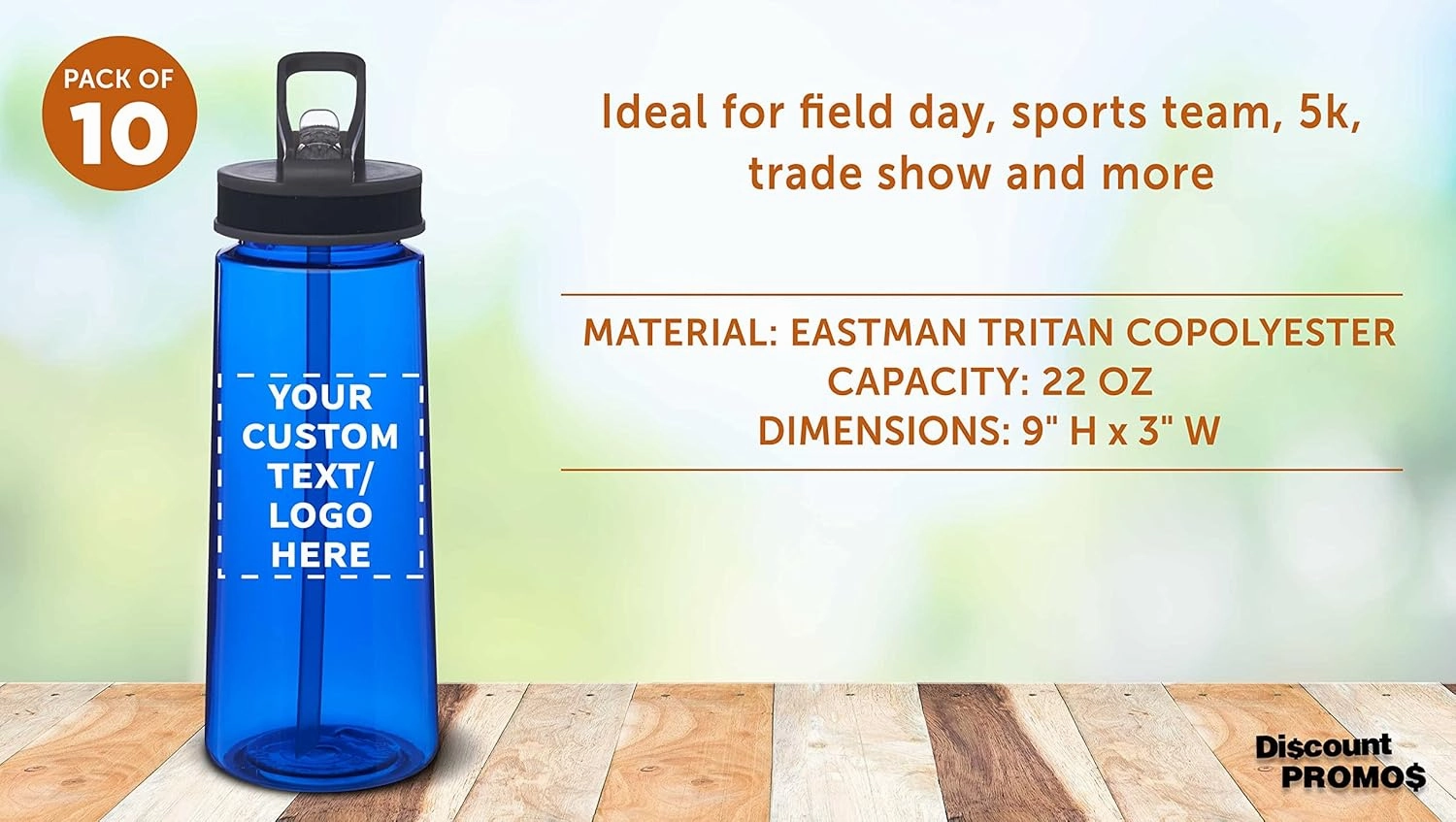 DISCOUNT PROMOS Custom Plastic Sports Bottles with Spill-Proof Lids and Straw – 22 oz. – Set of 10 – Personalized Bulk Gift for Dad – Reusable for Gym, Home, Office – Blue