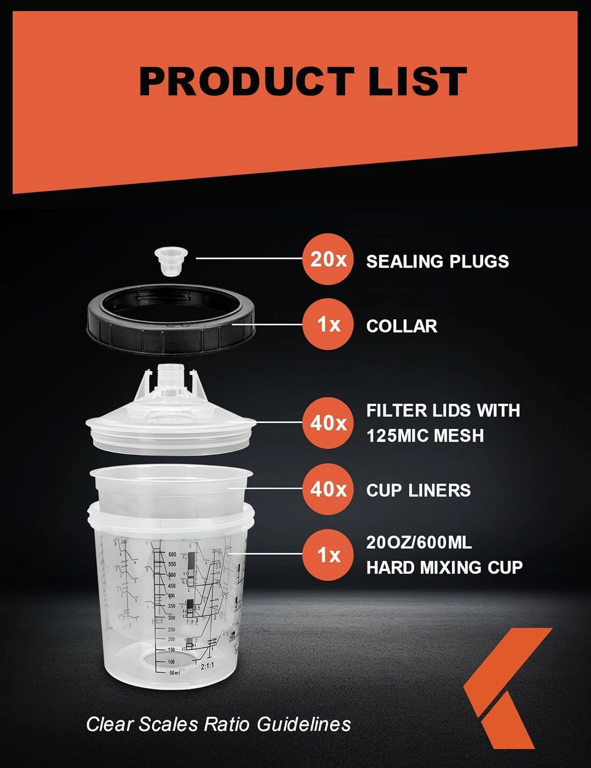 Disposable Paint Sprayer Mixing Cup Liners and Lid System for HVLP Spray Gun,Car Paint Gun 20 Ounce(600ml)Kit with 40 Cups Liners,40 Lids with Strainer,1 Hard Cup with Retainer Ring,20 Plugs