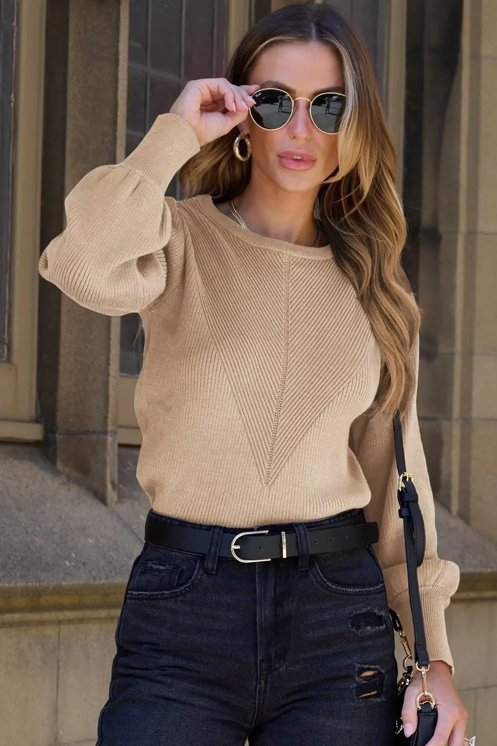 Dokotoo Womens Ribbed Knit Long Lantern Sleeves Sweater Crewneck Casual Slim Fit Pullover Jumper Tops