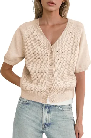 Dokotoo Womens Summer Tops 2024 Trendy V Neck Hollow Out Cropped Button Down Shirts Puff Sleeves Blouses